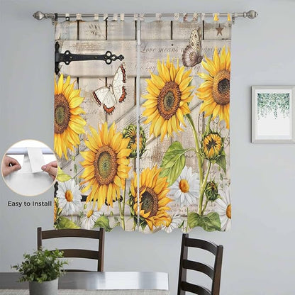 Farm Flowers Living Room Curtains 84 Inch Length, Window Curtains Tab Top, Retro Sunflowers Barn Doors Butterfly Wood Board Light Filtering Window Treatments Drapes 52"x84" 2 Panel