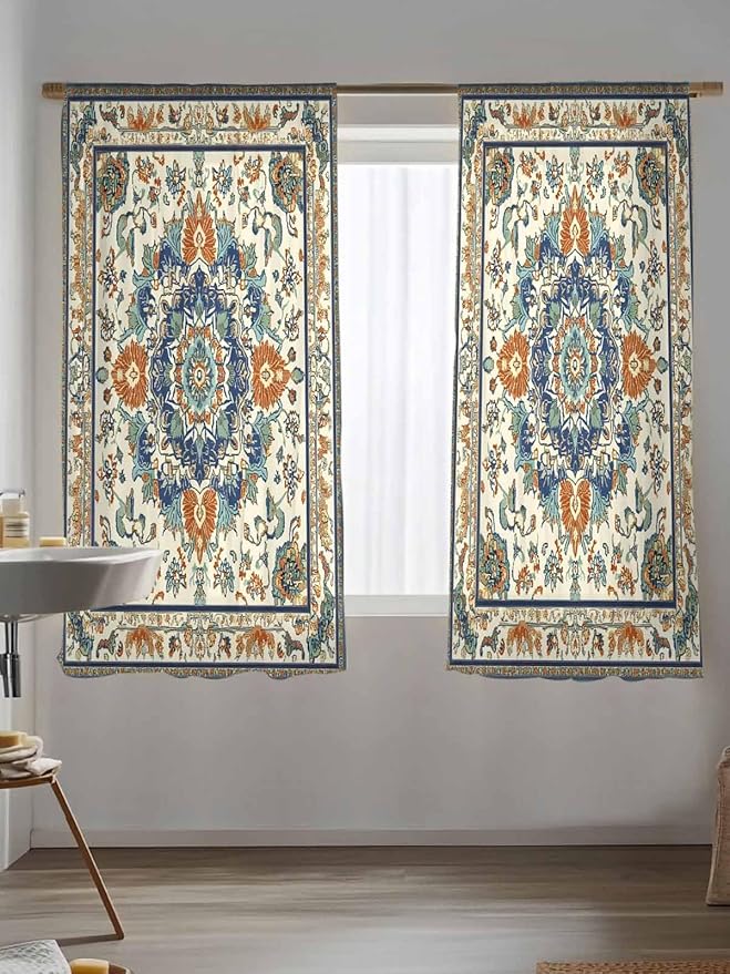 Sheer Curtains 72 Inches Long, Southwest Farmhouse Semi Sheer Curtains Light Filtering Window Treatment, Orange Blue Desert Bohemian Privacy Voile Drapes for Living Room Bedroom 52x72 Inch