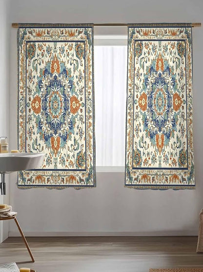 Sheer Curtains 72 Inches Long, Southwest Farmhouse Semi Sheer Curtains Light Filtering Window Treatment, Orange Blue Desert Bohemian Privacy Voile Drapes for Living Room Bedroom 52x72 Inch