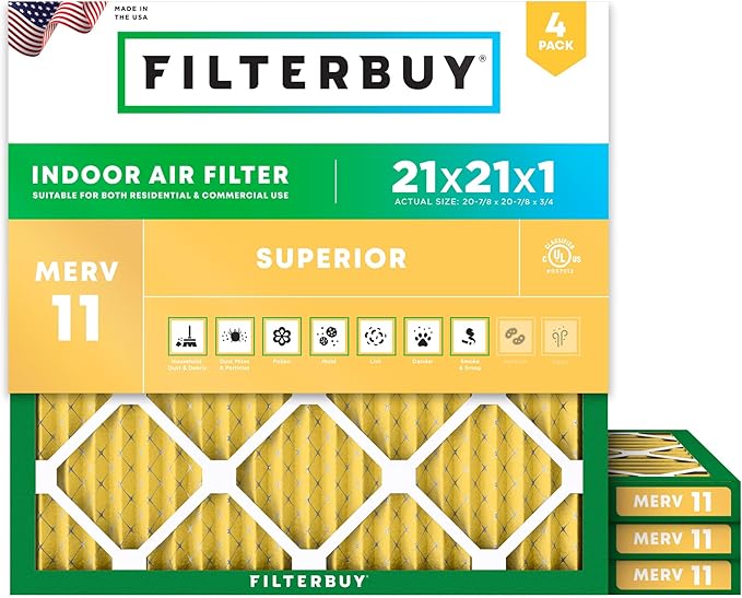 Filterbuy 21x21x1 Air Filter MERV 11 Superior Pet & Allergy Defense (4-Pack), Electrostatic Pleated HVAC AC Furnace Filters Replacement, Made in USA (Actual Size: 20.88 x 20.88 x 0.75)