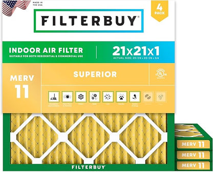 Filterbuy 21x21x1 Air Filter MERV 11 Superior Pet & Allergy Defense (4-Pack), Electrostatic Pleated HVAC AC Furnace Filters Replacement, Made in USA (Actual Size: 20.88 x 20.88 x 0.75)