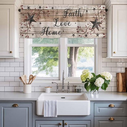 Rustic Star Brown Curtain Valances for Windows, Kitchen Valance Window Treatment, Vintage Plants Berry Wooden Grain Light Filtering Block Curtains for Bathroom/Bedroom/Living Room 42'' x 18''