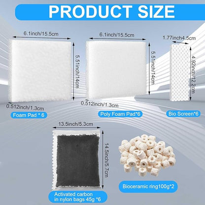 26 Pcs Aquarium Filter Media Kit Compatible with Fluval C4 (70 Gal) Power Filter, 6 White Foam Sponge Pads, 6 Poly Foam Sheets, 6 Bio-screen, 6 Activated Carbon, 2 Pack 7 Oz/200g Ceramic Ring