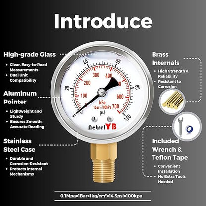 Glycerin-Filled Pressure Gauge,Brass Internal 2-Inch Gauge, Stainless Steel, 1/4" NPT Lower Mount (0-100Psi 2 Pack)