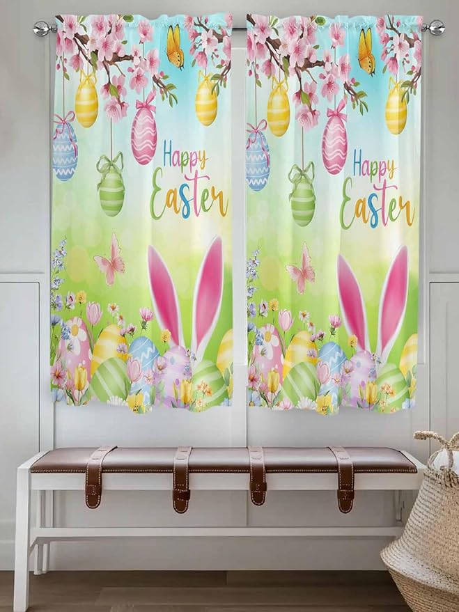 Easter Bedroom Curtains 63 Inches length, Spring Bunny Colorful Rabbit Eggs Butterfly Blue Green Window Treatment Curtain Drapes, Rod Pocket Curtain Panels for Living Room Kitchen, 42"x63", 2 Panels