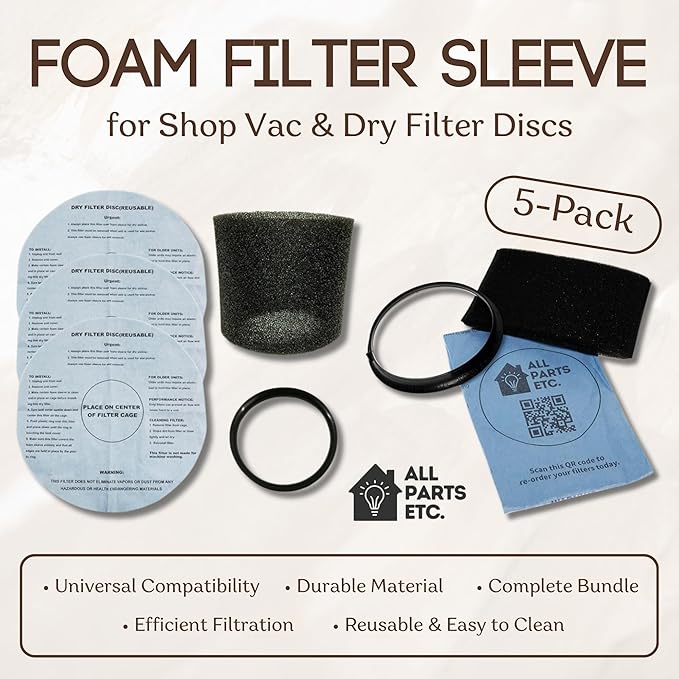 Foam Filter Sleeve for Shop Vac & Dry Filter Discs (5-Pack) -1 Foam Sleeve, 3 Reusable Dry Filters, 1 Mounting Ring Compatible with Shop Vac, Ridgid, Craftsman and other WetDry Vacuums