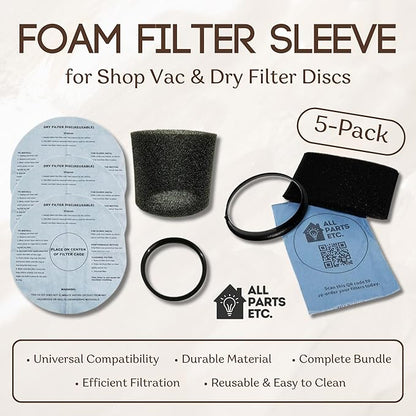 Foam Filter Sleeve for Shop Vac & Dry Filter Discs (5-Pack) -1 Foam Sleeve, 3 Reusable Dry Filters, 1 Mounting Ring Compatible with Shop Vac, Ridgid, Craftsman and other WetDry Vacuums