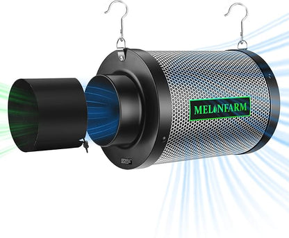 MELONFARM 4 Inch Air Carbon Filter Smelliness Control with Australia Virgin Charcoal, Odor Removal Carbon Filter for Grow Tent, Inline Fan, Hydroponics, Pre-Filter Included, Insulated Flange 4" x 11"