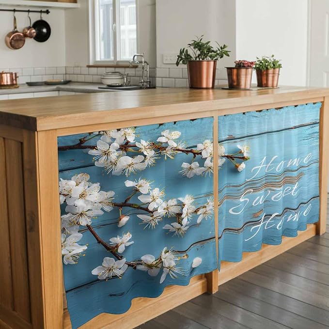 Farmhouse Wooden Grain Tier Curtains, Vintage Shabby Chic Flower Blue Light Filtering Kitchen Curtains, 2Pcs Rod Pocket Half Window Treatments Panels for Sink Cafe Cabinet Camper 27.5x36 Inches