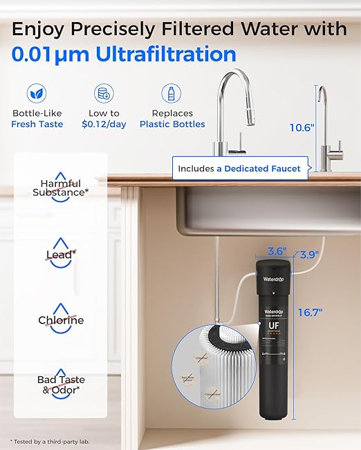 Waterdrop 15UB-UF 0.01 μm Ultra Filtration Under Sink Water Filter System, Reduces Lead, Chlorine, Bad Taste & Odor, 2 Years, with Dedicated Brushed Nickel Faucet, USA Tech