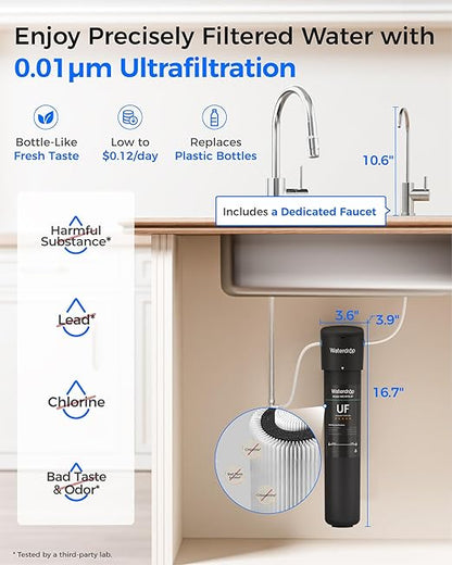 Waterdrop 15UB-UF 0.01 μm Ultra Filtration Under Sink Water Filter System, Reduces Lead, Chlorine, Bad Taste & Odor, 2 Years, with Dedicated Brushed Nickel Faucet, USA Tech