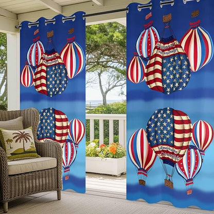 Independence Day Waterproof Outdoor Curtains for Patio, Windproof Weatherproof Curtains with Weighted Hem, Hot Air Balloon Patriotic Star Light Filtering Privacy Drapes for Porch 54"x 84" 2 Panels
