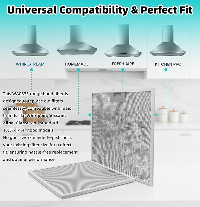 2 Pack WA0575 Range Hood Filters 13.5" x 14.4" x 0.35", 5-Layer Aluminum Mesh Replacement Grease Filters, Compatible with Whirlpool, Vissani, Zline, Ciarra and More