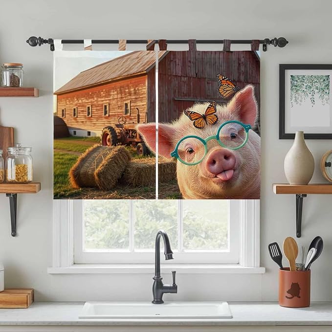 Farm Pig Kitchen Curtains 45 Inch Length, Short Cafe Window Curtains Tab Top, Farmhouse Barn Funny Animals Butterfly Light Filtering Window Treatments Tier Drapes 27.5"x45" 2 Panel