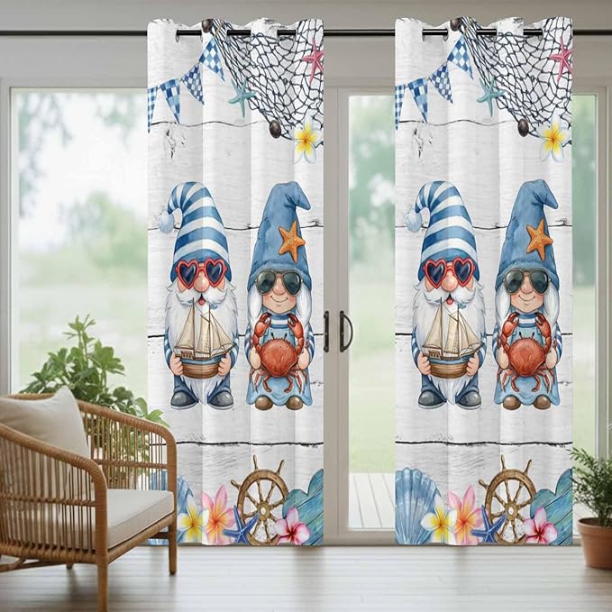 Ocean Gnome Outdoor Curtains for Patio Summer Marine Plumeria Shell Wooden Waterproof Outside Curtains with Grommet Top Weatherproof Curtain for Cabana Pergola Gazebo, 2 Pack, 54" W x 84" L
