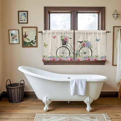 Farmhouse Spring Tier Curtains, Retro Bicycles Flowers Vines Butterfly Light Filtering Kitchen Curtains, 2Pcs Rod Pocket Half Window Treatments Panels for Sink Cafe Cabinet Camper 27.5x36 Inches