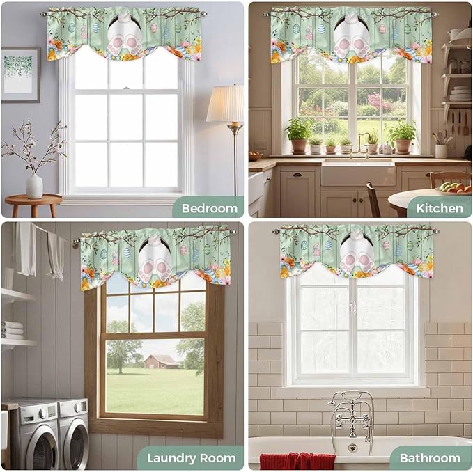 Easter Tie Up Valance Curtains for Windows, Kitchen Curtains Window Shades, Spring Watercolor Bunny Eggs Wooden Grain Green Light Filtering Roman Curtain Valances for Bedroom/Bathroom/Cafe 42"x12"
