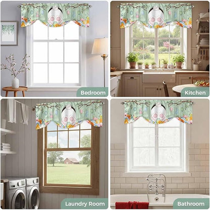 Easter Tie Up Valance Curtains for Windows, Kitchen Curtains Window Shades, Spring Watercolor Bunny Eggs Wooden Grain Green Light Filtering Roman Curtain Valances for Bedroom/Bathroom/Cafe 42"x18"