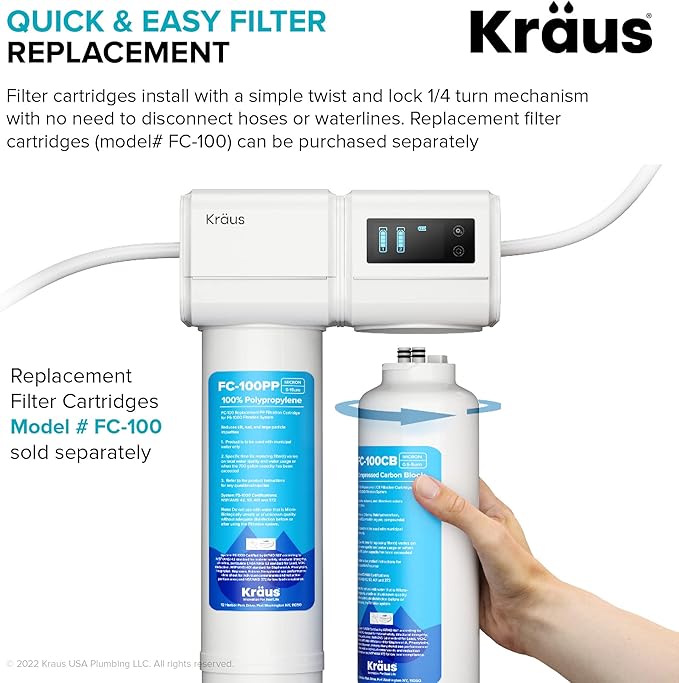 KRAUS Purita 2-Stage Carbon Block Under-Sink Water Filtration System with Digital Display Monitor, FS-1000, White