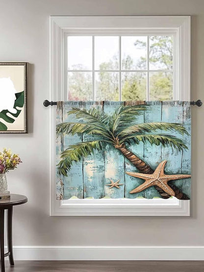 Sheer Curtains 54 Inch Length, Coastal Blue Green Tree Semi Sheer Curtains Light Filtering Window Treatment, Beach Tropical Vintage Wood Grain Privacy Voile Drapes for Living Room Bedroom 52x54 Inch
