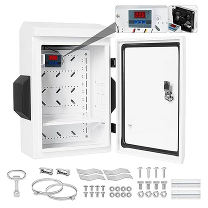 Outdoor Electrical Box with Key Lock, Aluminum Alloy Back Beam with M10 Sliding Groove, 12V Cooling Fan & Temperature Controller Included, Cold-Rolled Steel Electrical Box (15.75"x11.81"x5.91")