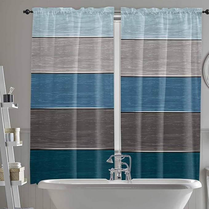 Retro Farm Blue Gray Wood Grain Window Valance Curtains, Rustic Wooden Plank Light Filtering Kitchen Valance with 3-inch Rod Pocket for Living Room Bathroom Bedroom,2 Panel,52x72In