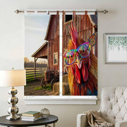 Farm Rooster Bedroom Curtains 72 Inch Length, Window Curtains Tab Top, Farmhouse Barn Funny Animals Butterfly Light Filtering Window Treatments Drapes 52"x72" 2 Panel