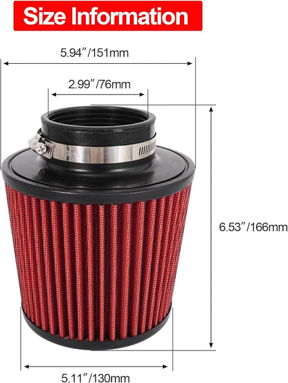 Cold Air Intake Filter High Performance Washable Filter Clamp-On Replacement Air Filter Flange Diameter 3inch/76mm Red