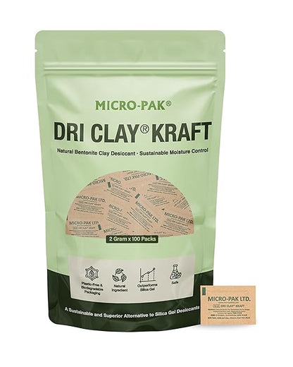 Micro-Pak Dri Clay Kraft, Highest Moisture Absorption Desiccant Packs, Silica Gel Packets Alternative, Food Safe Bentonite Clay, Desiccant Packs for Storage, Moisture Absorbers for Closet, 2gx100pcs