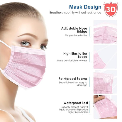 NNPCBT Pink Disposable Face Masks 125 Pack,3-Ply Breathable Mask For Adults,Great For Outdoors,Home, Office, School