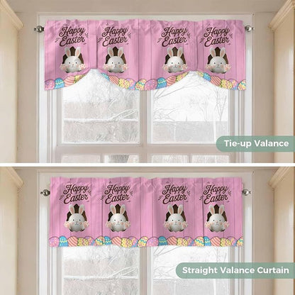 Pink Easter Tie Up Valance Curtains for Windows,Kitchen Curtains Window Shades,Easter Bunny Eggs Spring Cartoon Farmhouse Wood Grain Light Filtering Curtain Valances for Bedroom/Bathroom/Cafe 42"x18"