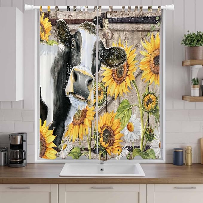 Retro Farmhouse Flower Living Room Curtains 96 Inch Length, Window Curtains Tab Top, Yellow Sunflowers Cow Barn Doors Brown Light Filtering Window Treatments Drapes 52"x96" 2 Panel