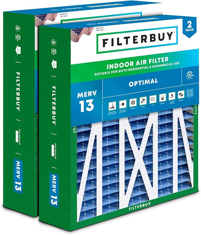 Filterbuy 20x23x5 Air Filter MERV 13 Optimal Smoke & Allergy Defense (2-Pack), Pleated HVAC AC Furnace Filters for Bryant, Carrier, BDP, Day & Night, and Payne (Actual Size: 19.81 x 22.56 x 4.25)