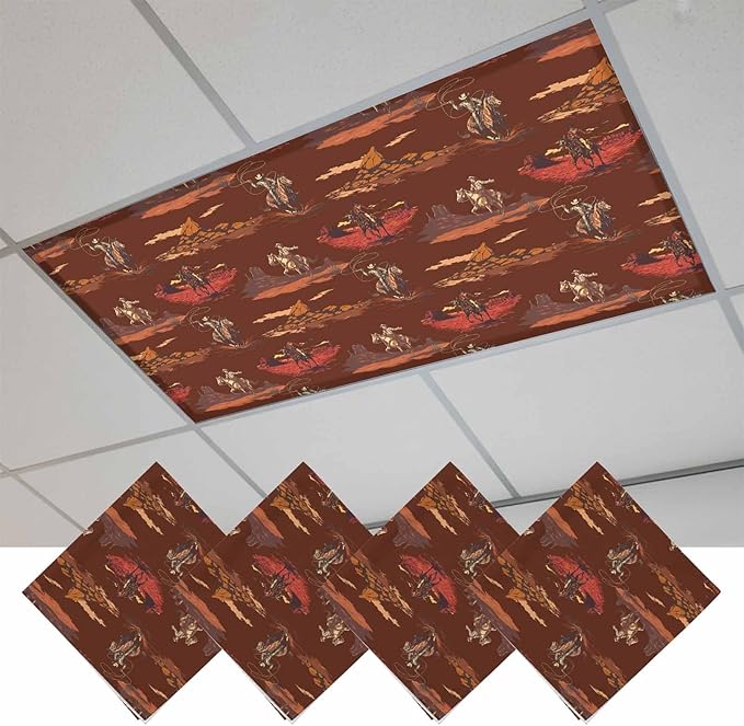 Cowboys Horses 4 Pcs Fluorescent Light Covers 4 x 2 Feet, Desert Ethnic Winds Dark Brown Background Covers for Ceiling Lights Magnetic Light Cloth Filter for Classroom Office Home