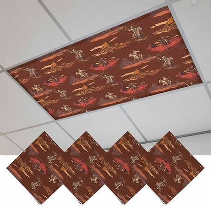 Cowboys Horses 4 Pcs Fluorescent Light Covers 4 x 2 Feet, Desert Ethnic Winds Dark Brown Background Covers for Ceiling Lights Magnetic Light Cloth Filter for Classroom Office Home
