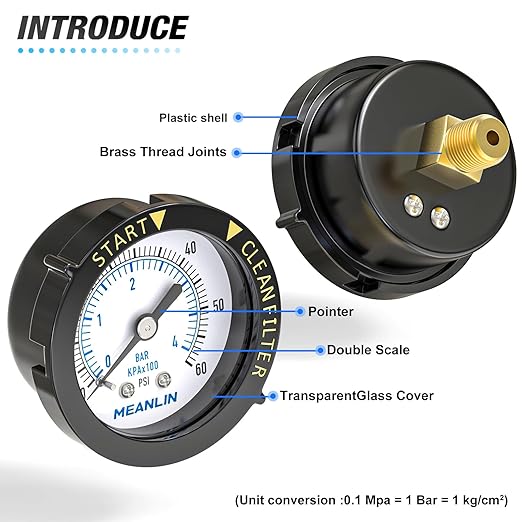MEANLIN MEASURE 0~60Psi Plastic Frame 1/4" NPT Start and Clean Filter Pressure Gauge, Suitable for Swimming Pool, Spa, Aquarium (0-60Psi/0-4BAR/KIT, Center Back Mount)