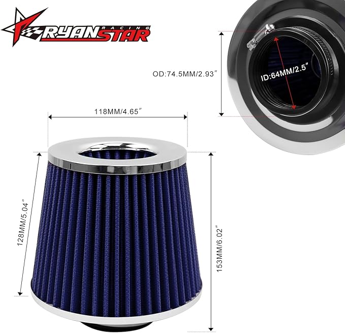 RYANSTAR RACING 63mm 2.5" High Flow Round Tapered Cone Cool Air Filter Cleaner with Top Filter Design Short 153mm tall Blue