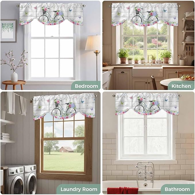 Spring Tie Up Valance Curtains for Windows, Kitchen Curtains Window Shades, Bicycles Botanical Rose Leaves Butterfly Wood Grain Light Filtering Roman Curtain Valances for Bedroom/Bathroom/Cafe 60"x18"