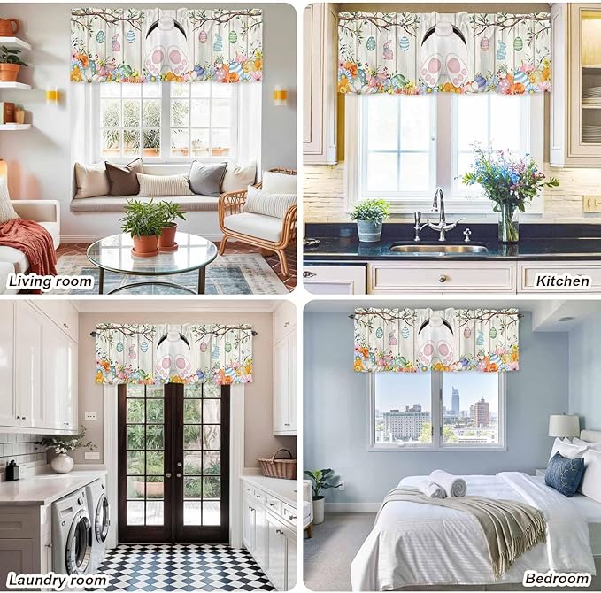 Easter Curtain Valances for Windows, Kitchen Valance Window Treatment, Spring Farmhouse Watercolor Bunny Eggs Wood Grain Light Filtering Block Curtains for Bathroom/Bedroom/Living Room 42'' x 12''