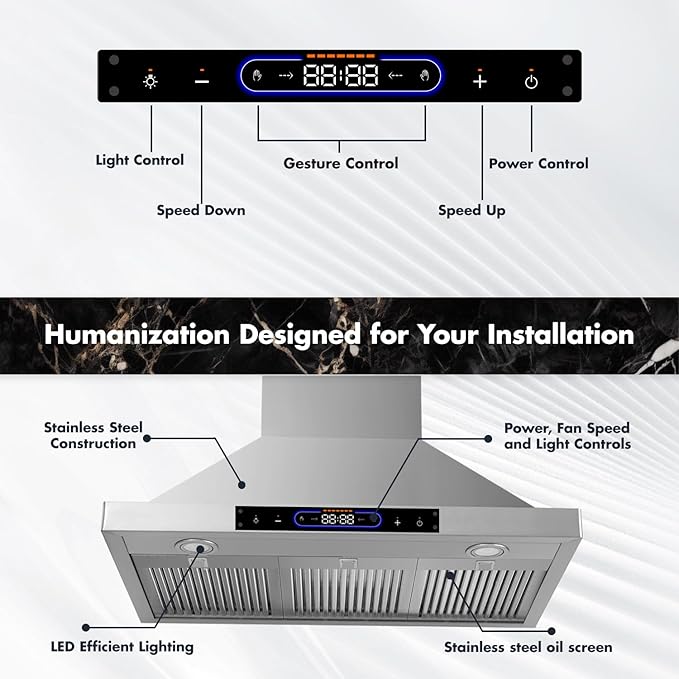 36 inch Wall Mount Range Hood Convertible Vent with Permanent Baffle Filters 800CFM Stainless Steel for Kitchen Gesture Sensing & Touch Control, 4 Speed Exhaust Fan, ETL listed (36 inch)