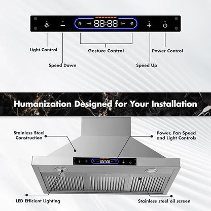 36 inch Wall Mount Range Hood Convertible Vent with Permanent Baffle Filters 800CFM Stainless Steel for Kitchen Gesture Sensing & Touch Control, 4 Speed Exhaust Fan, ETL listed (36 inch)