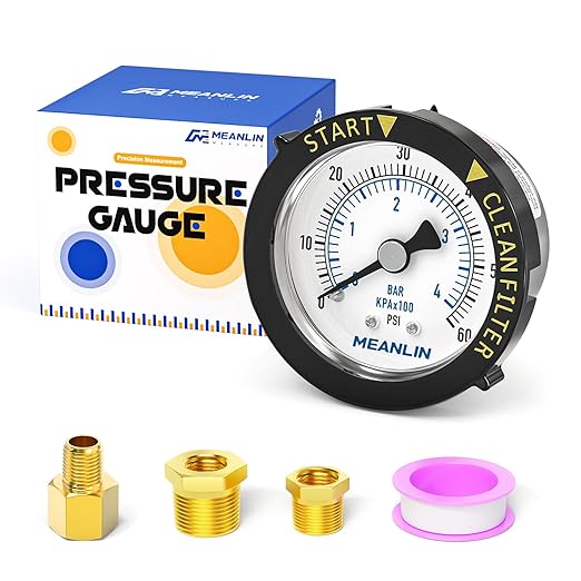 MEANLIN MEASURE 0~60Psi Stainless Steel Start and Clean Filter Pressure Gauge 1/4" NPT Waterproof for Pool Filter Pump Swimming Pool, Spa Center Back Mount with Rotatable Plastic Frame and Hex Bushing