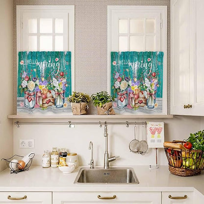 Spring Flowers Kitchen Curtains Set 3 Piece for Windows, Rod Pocket Valance and Tier Set 24 Inch Length, Farmhouse Watercolor Teal Wood Grain Light Filtering Cafe Curtains for Living Room Bathroom
