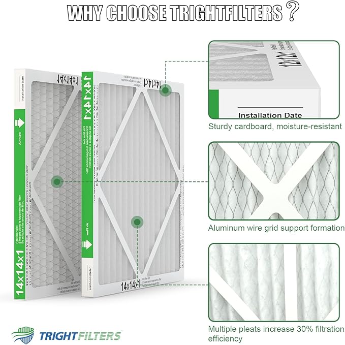 14x14x1 Air Filter 6 Pack, Durable MERV 8 Pleated Home HVAC AC Furnace Filters, Lightweight Compact Air Conditioner Filter Replacement