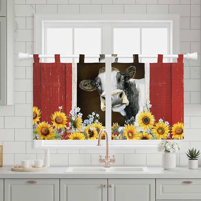 Cows Sunflowers Kitchen Curtains 24 Inch Length, Small Window Curtains Tab Top, Rustic Farms Barns Flowers Bees Animals Light Filtering Short Window Treatments Tier Drapes 27.5"x24" 2 Panel