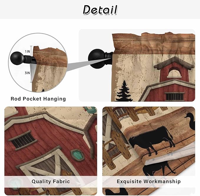 Brown Farmhouse Kitchen Curtains, Vintage Country Animals Wooden Grain Light Filtering Window Curtain Panels, 2Pcs Rod Pocket Window Treatments Set for Living Room Bathroom Bedroom 42x63 Inches
