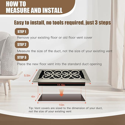 Floor Vents Register Decorative Floor Vent for Home Heavy Duty Walkable Steel Brushed Nickel Color 4x12 Inch Air Heat Vent Grilles Easy Adjust Air Supply Lever