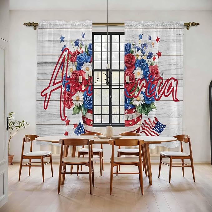 Independence Day Window Curtains 72 Inch Long 2 Panel Set, Rod Pocket Long Curtains & Drapes, 4 of July Rose Wooden Grain Vintage Light Filtering Window Treatment for Bedroom Living Room 52"W x 72"L
