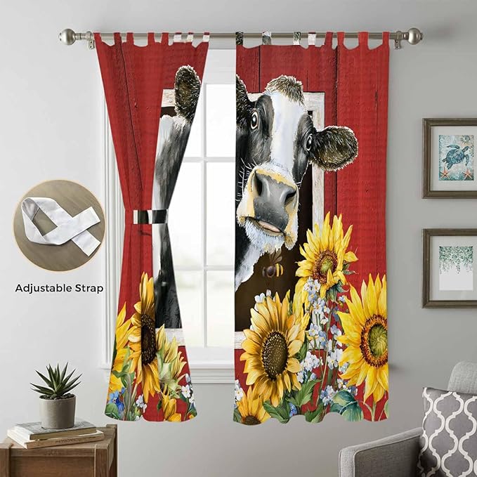 Cows Sunflowers Living Room Curtains 84 Inch Length, Window Curtains Tab Top, Spring Botanical Floral Bees Red Barn Light Filtering Window Treatments Drapes 52"x84" 2 Panel