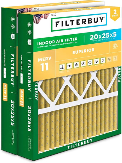 Filterbuy 20x25x5 Air Filter MERV 11 Superior Pet & Allergy Defense (2-Pack), Pleated HVAC AC Furnace Filters for Honeywell FC100A1037, Lennox X6673, and More (Actual Size: 19.88 x 24.75 x 4.38)